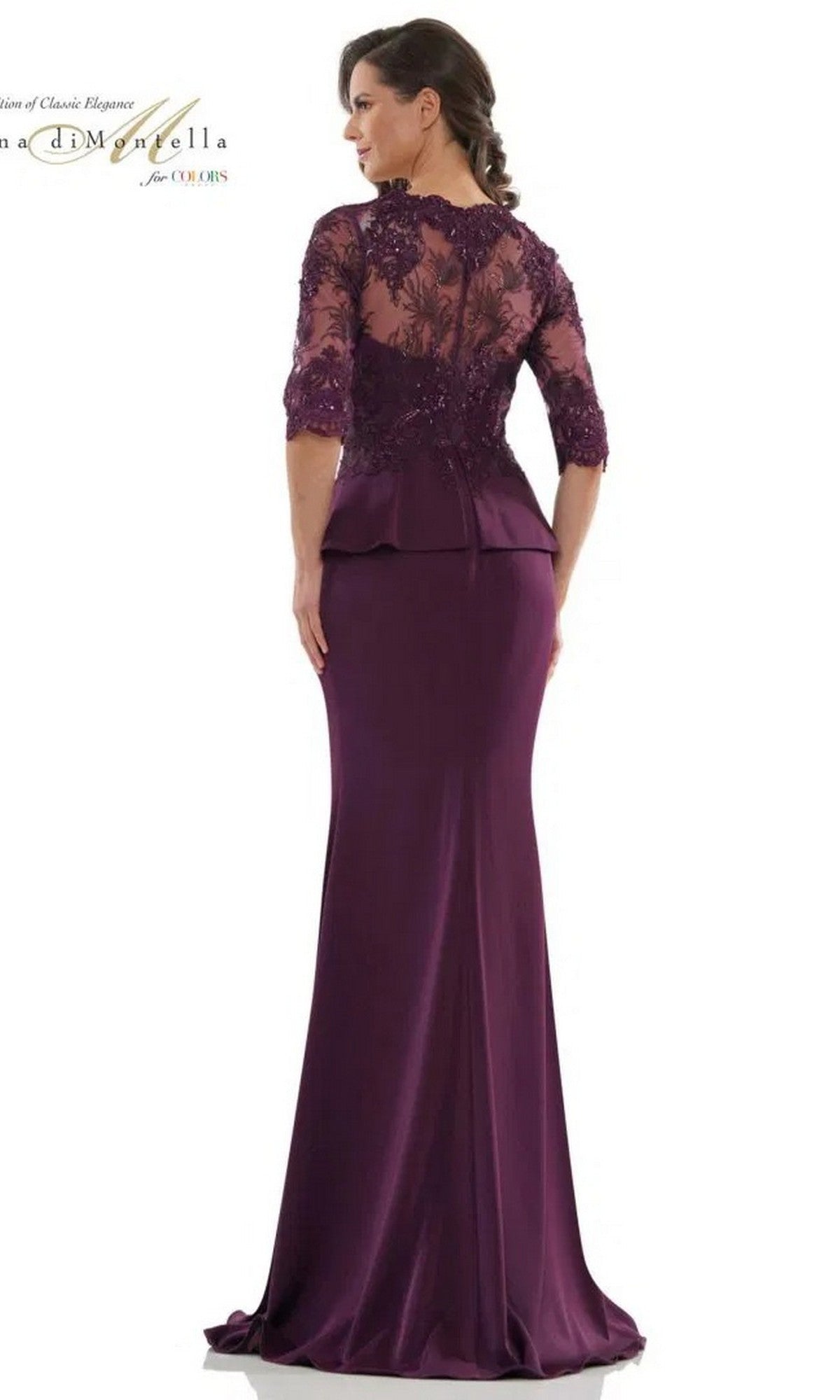A woman is shown from the back wearing the Rina Di Montella RD2685, a purple floor-length formal dress with a sheath skirt, lace bodice, and three-quarter embroidered sleeves.